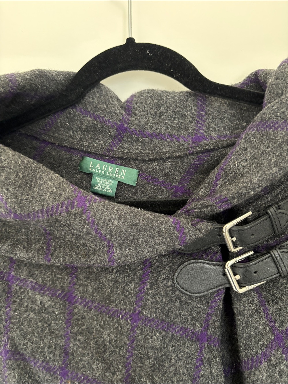 Lauren Ralph Lauren Gray & Purple Windowpane Wool-Blend Poncho - Picture 2 of 3